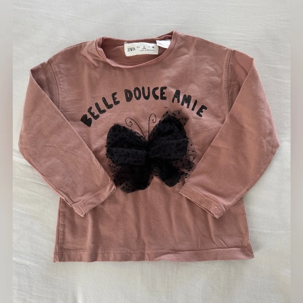 Zara Toddler Girls Long Sleeve Dotted Mesh Butterfly Appliqué Shirt Size 3